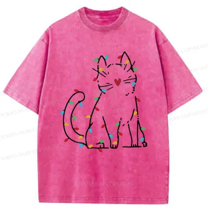 Tokyo-Tiger Christmas Lights Cat Washed T-Shirt