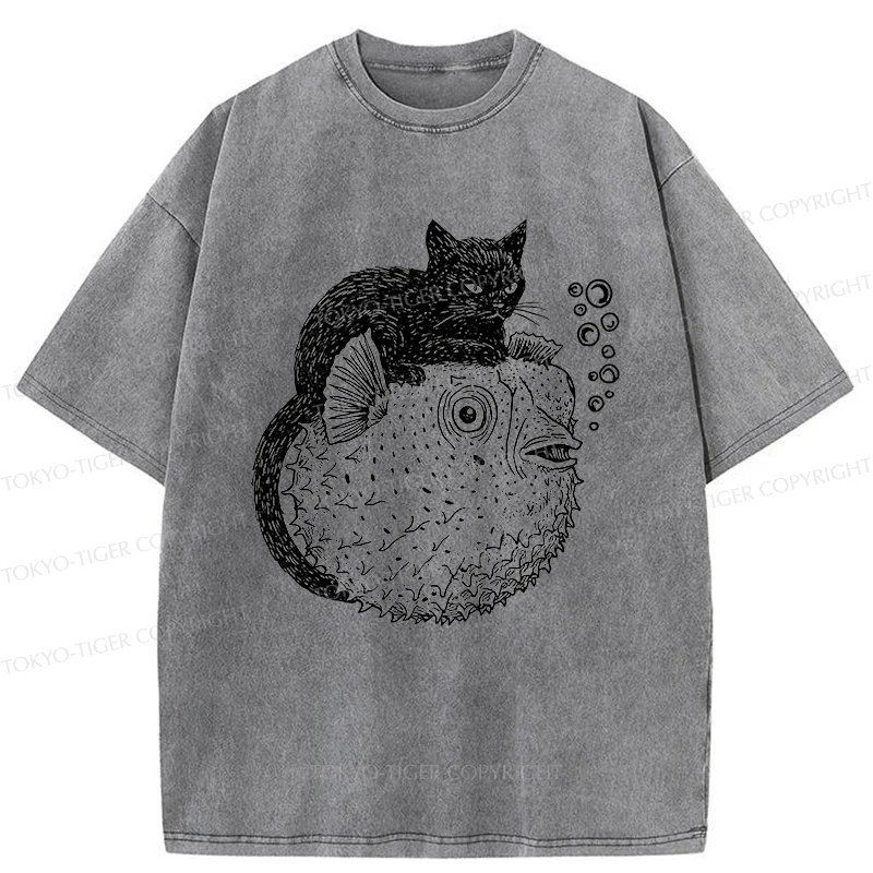 Tokyo-Tiger Black Cat Riding A Pufferfish Washed T-Shirt