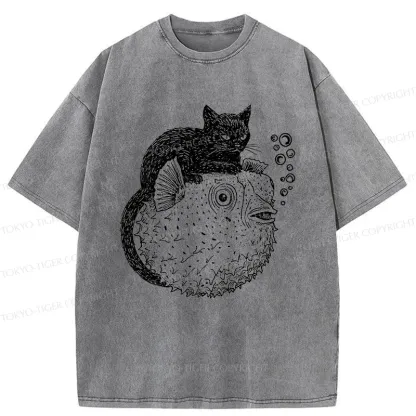 Tokyo-Tiger Black Cat Riding A Pufferfish Washed T-Shirt