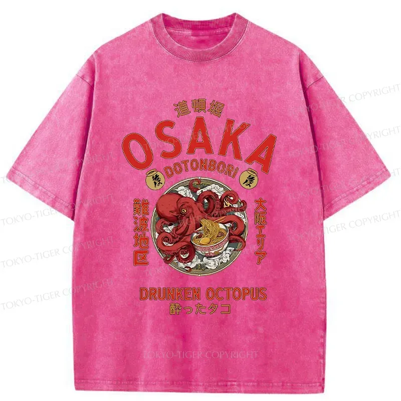 Tokyo-Tiger Osaka Octopus Eating Ramen Washed T-Shirt