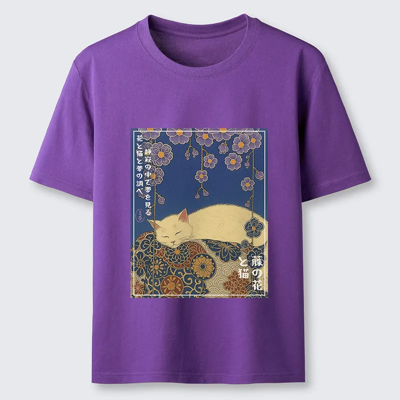 Tokyo-Tiger Ukiyoe Wisteria Flowers and Cats Classic T-Shirt
