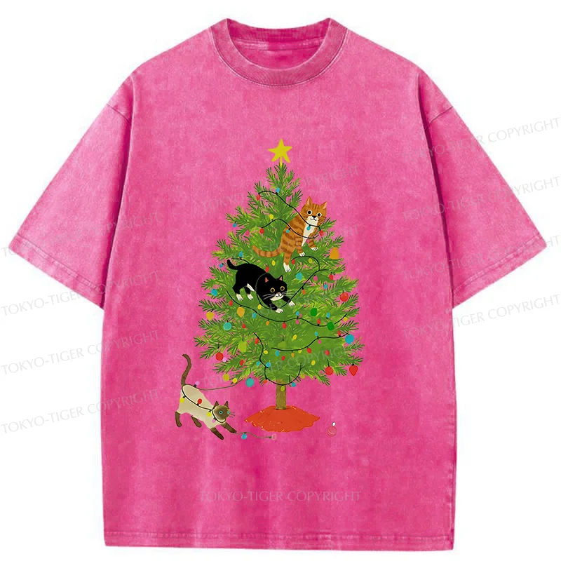 Tokyo-Tiger Cats Playing On The Christmas Tree Washed T-Shirt