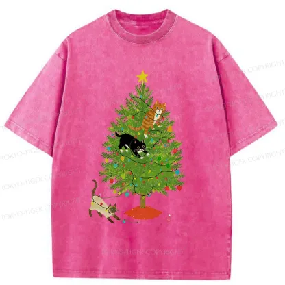 Tokyo-Tiger Cats Playing On The Christmas Tree Washed T-Shirt
