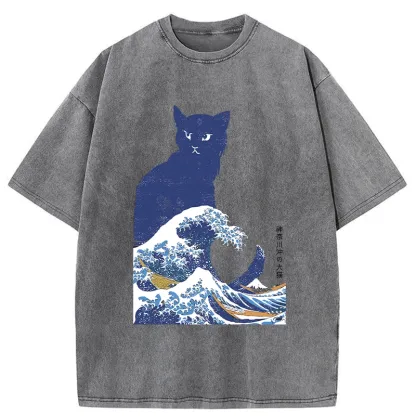 Tokyo-Tiger The Great Wave Off Cat Washed T-Shirt