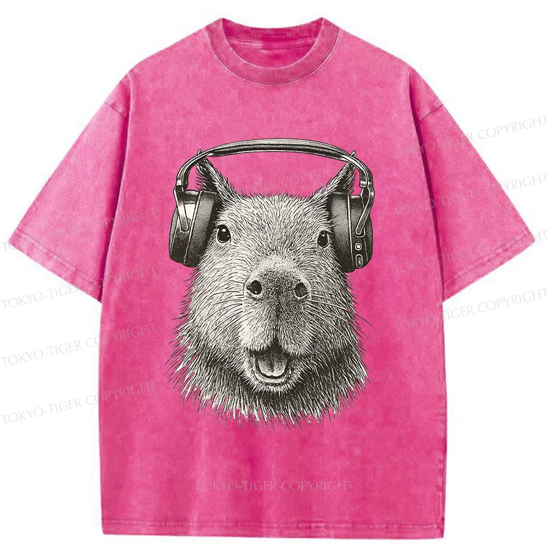 Tokyo-Tiger Capybara Listening To Music Washed T-Shirt