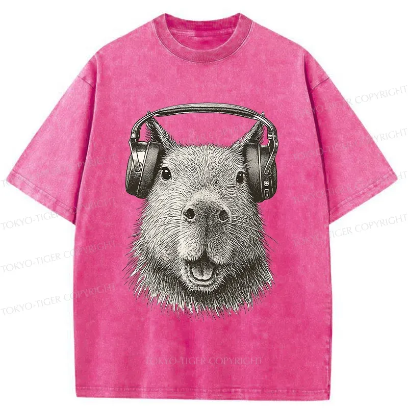 Tokyo-Tiger Capybara Listening To Music Washed T-Shirt