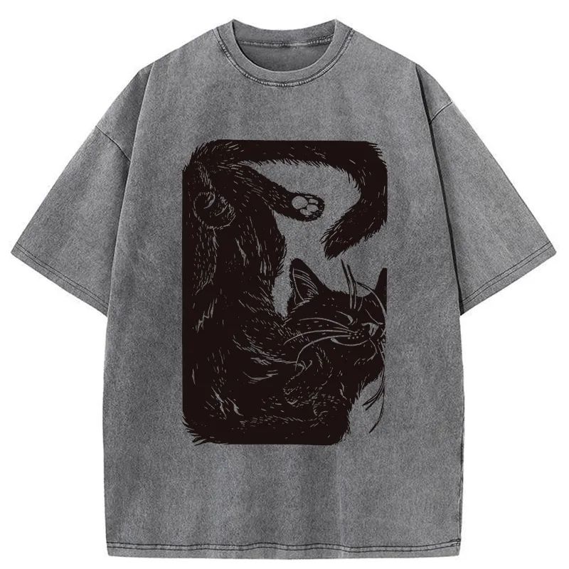 Tokyo-Tiger Funny Sleeping Cat Washed T-Shirt