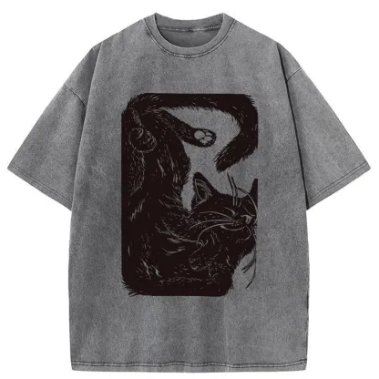 Tokyo-Tiger Funny Sleeping Cat Washed T-Shirt