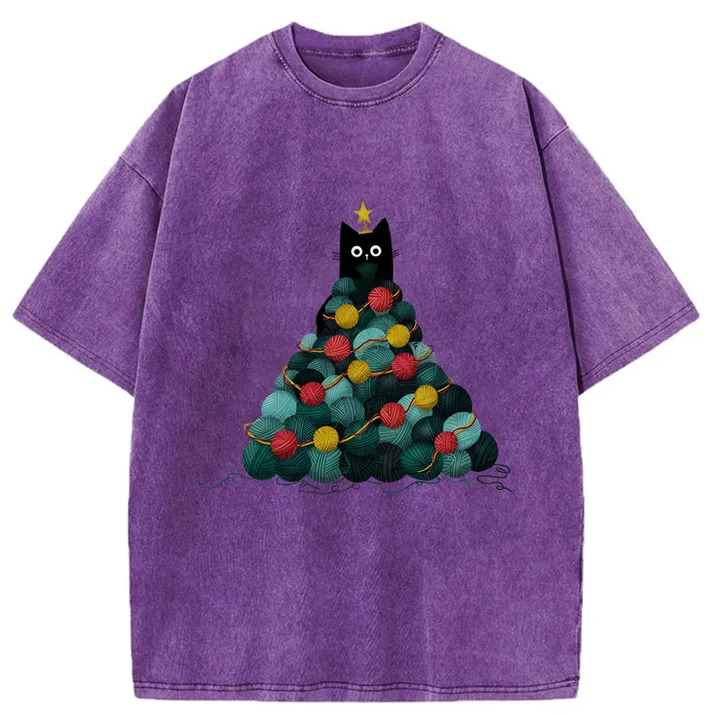 Tokyo-Tiger Yarn Christmas Tree Cat Washed T-Shirt