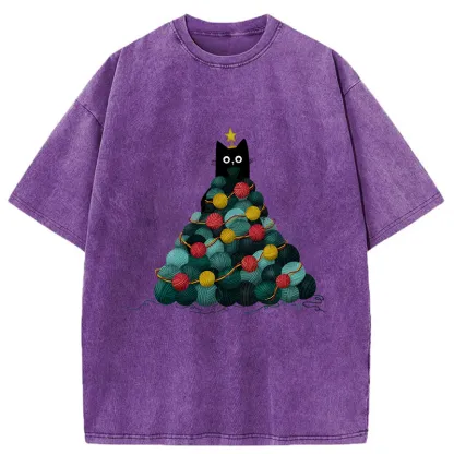 Tokyo-Tiger Yarn Christmas Tree Cat Washed T-Shirt