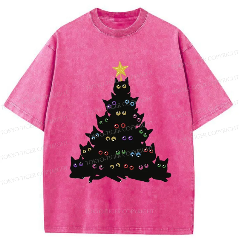 Tokyo-Tiger Cat Christmas Tree Washed T-Shirt