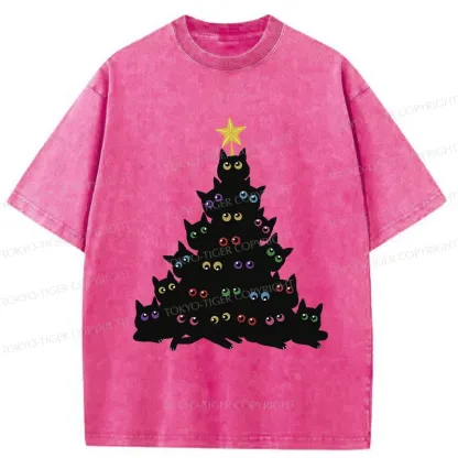 Tokyo-Tiger Cat Christmas Tree Washed T-Shirt
