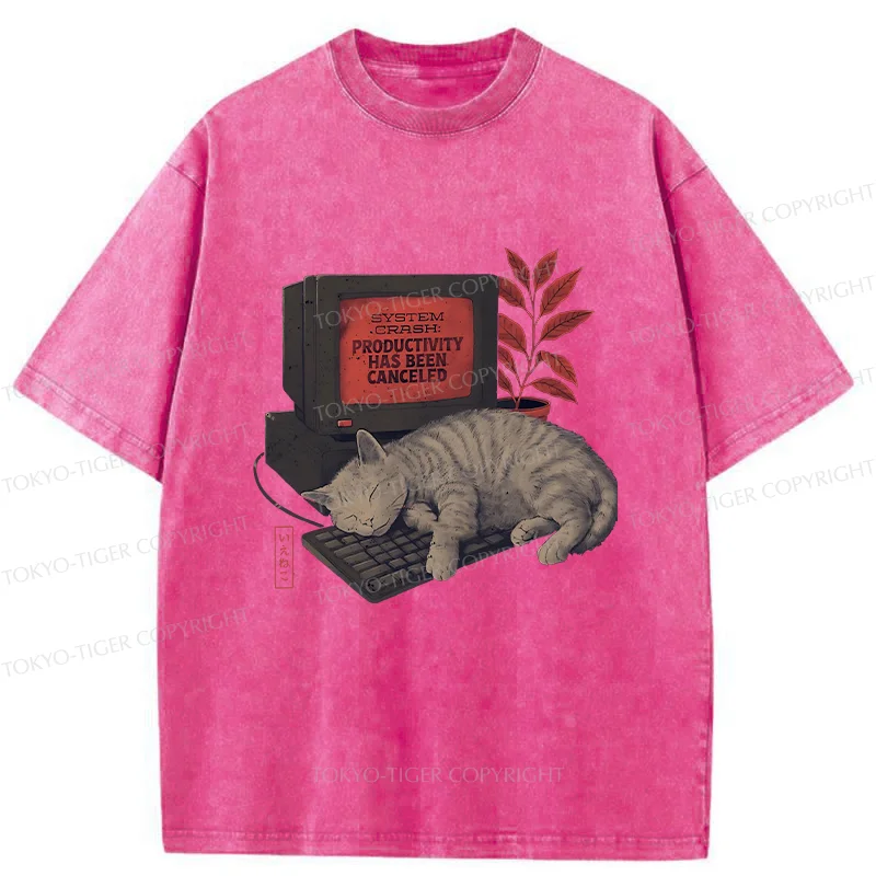 Tokyo-Tiger Cat Sleeping On Computer Washed T-Shirt