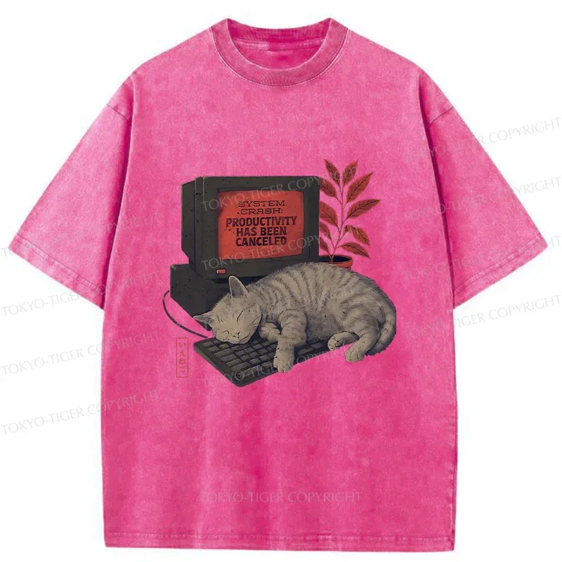 Tokyo-Tiger Cat Sleeping On Computer Washed T-Shirt