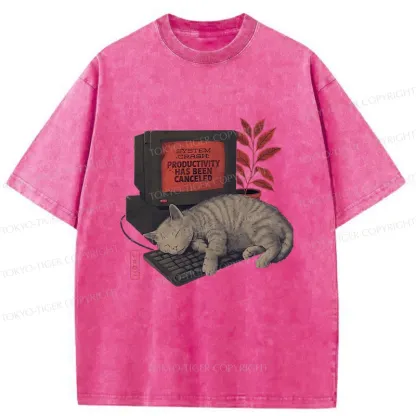 Tokyo-Tiger Cat Sleeping On Computer Washed T-Shirt