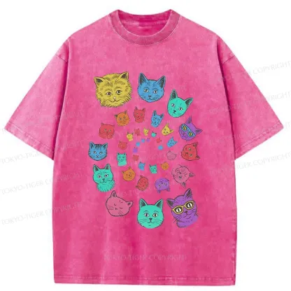 Tokyo-Tiger Psychedelic Spinning Cats Washed T-Shirt