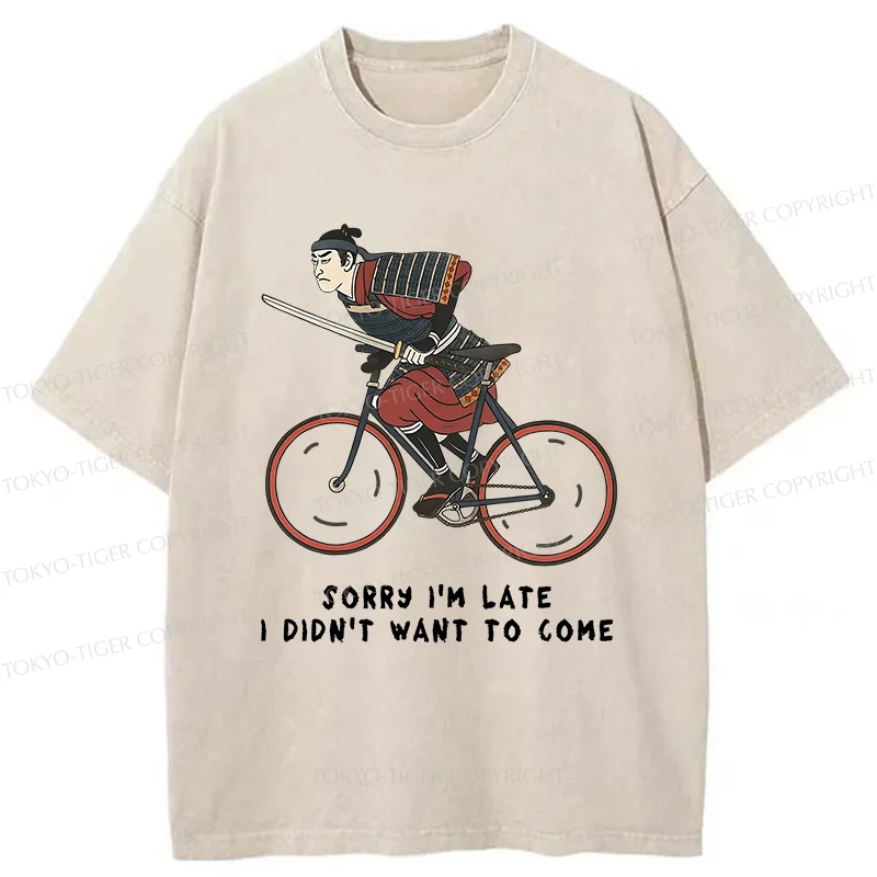 Tokyo-Tiger Samurai Riding A Bicycle Japanese Washed T-Shirt