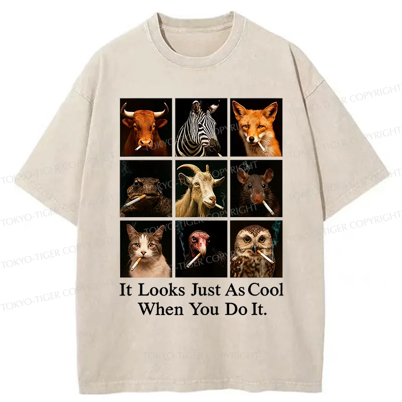 Tokyo-Tiger Various Animals Smoking Washed T-Shirt
