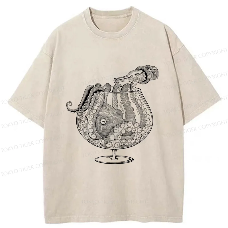 Tokyo-Tiger Octopus Drinking Wine Washed T-Shirt