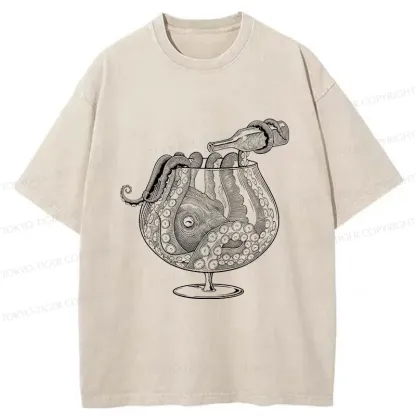 Tokyo-Tiger Octopus Drinking Wine Washed T-Shirt