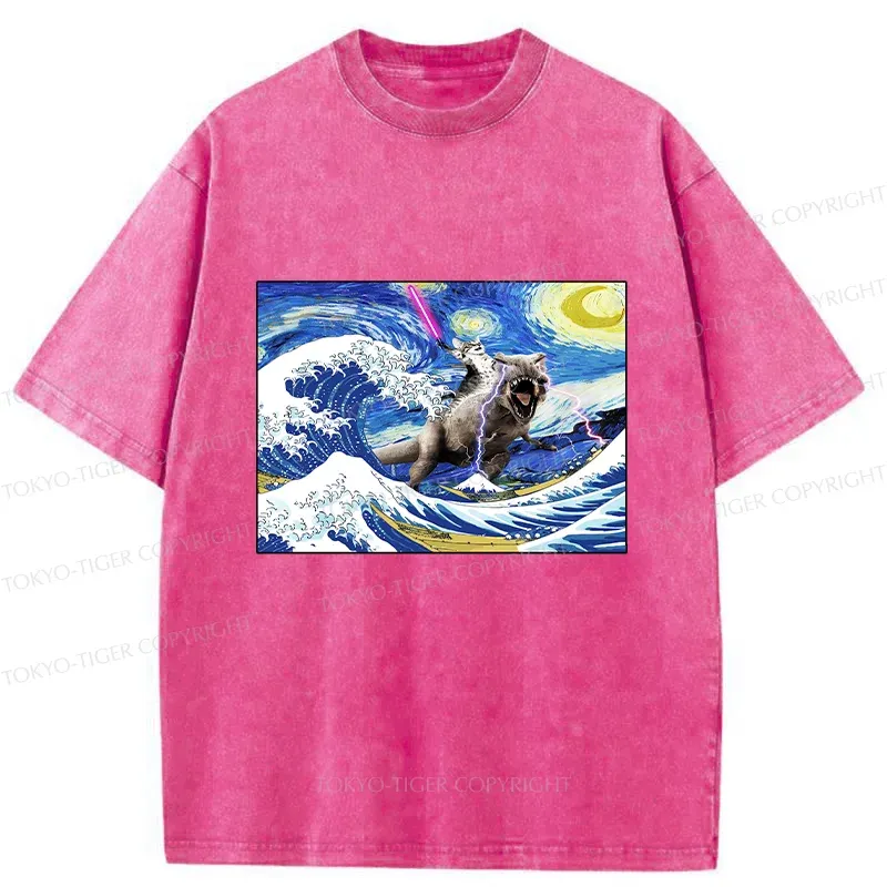 Tokyo-Tiger Cat Riding A Dinosaur In The Surf Washed T-Shirt