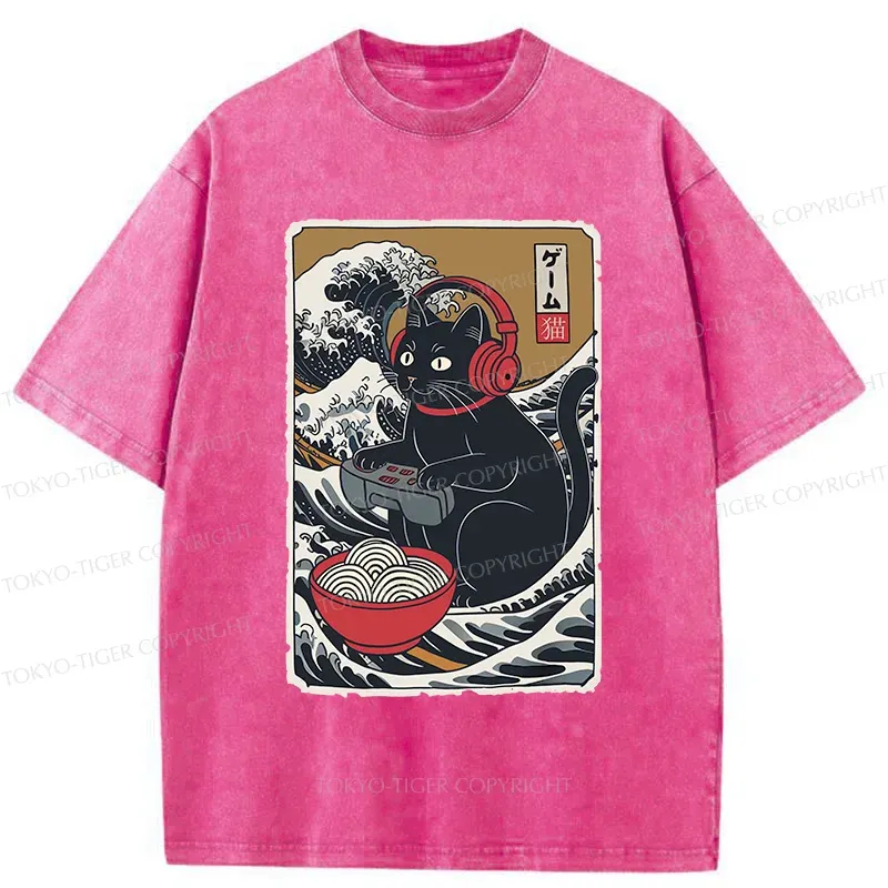 Tokyo-Tiger Cat Playing Video Games Washed T-Shirt