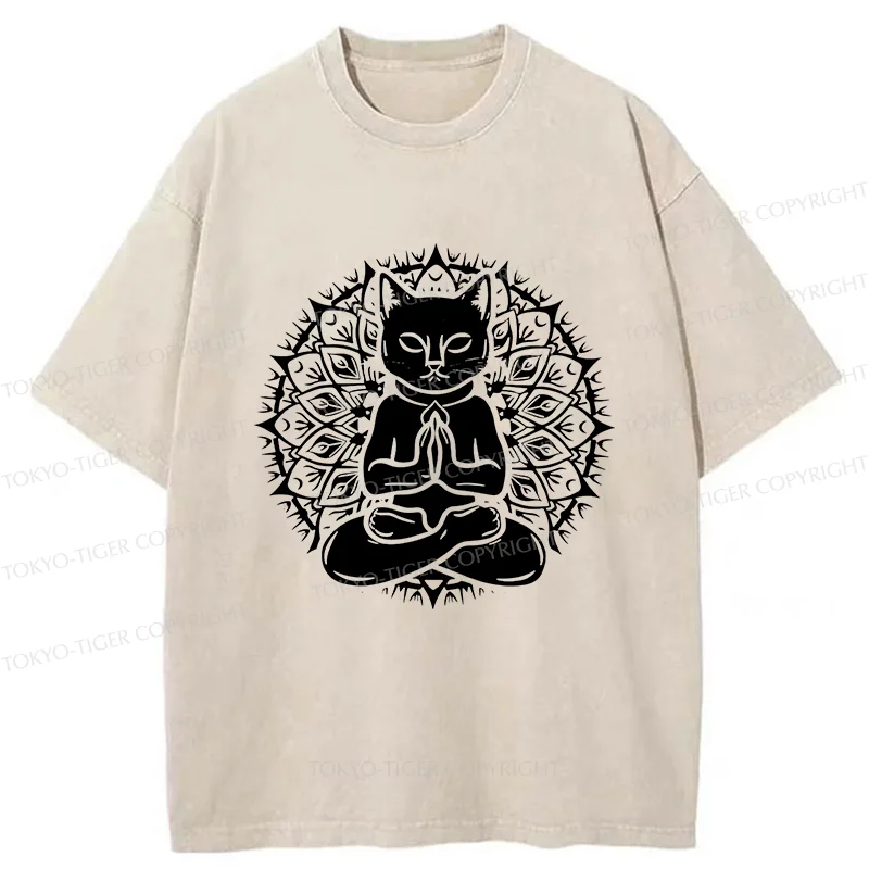 Tokyo-Tiger Yoga Cat Japanese Washed T-Shirt