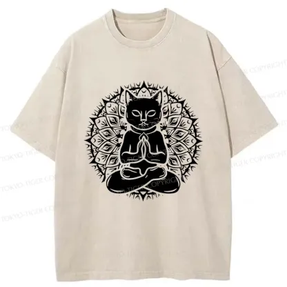 Tokyo-Tiger Yoga Cat Japanese Washed T-Shirt