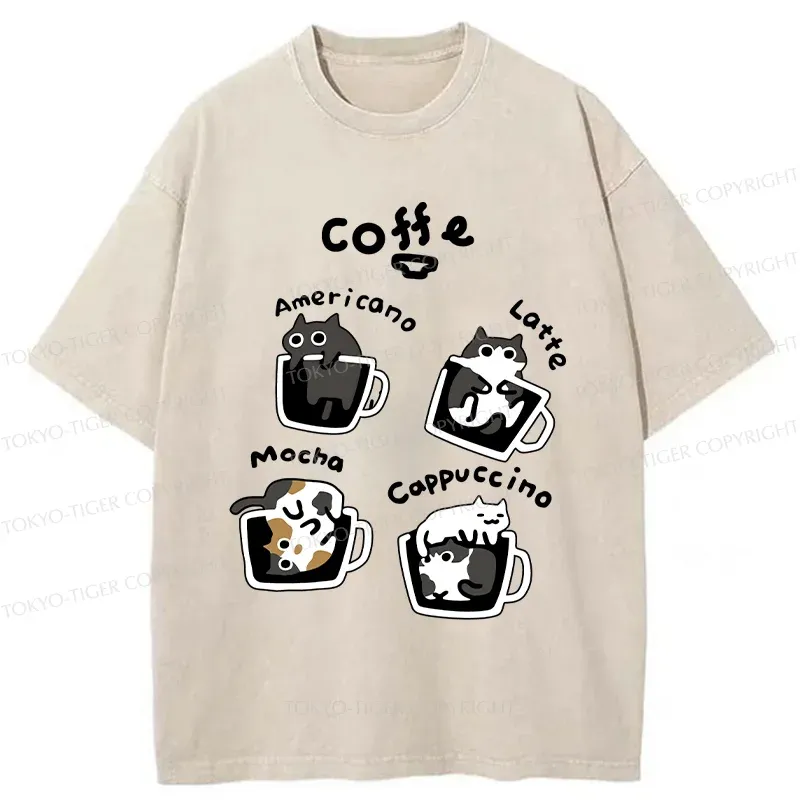 Tokyo-Tiger Four Types Of Coffee Cats Washed T-Shirt Sale