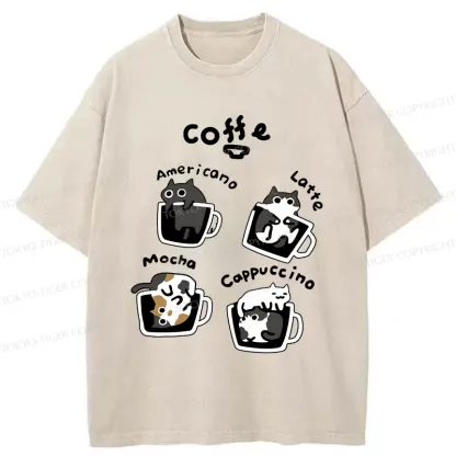Tokyo-Tiger Four Types Of Coffee Cats Washed T-Shirt
