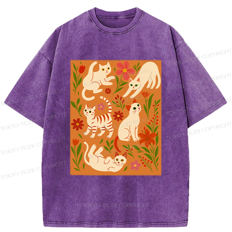 Tokyo-Tiger Cats And Flowers Washed T-Shirt