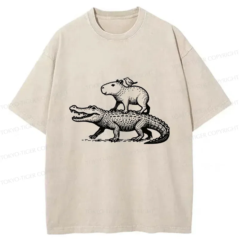Tokyo-Tiger Capybaras Walking With Crocodile Washed T-Shirt