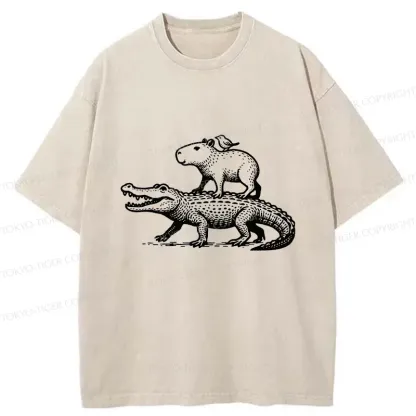 Tokyo-Tiger Capybaras Walking With Crocodile Washed T-Shirt