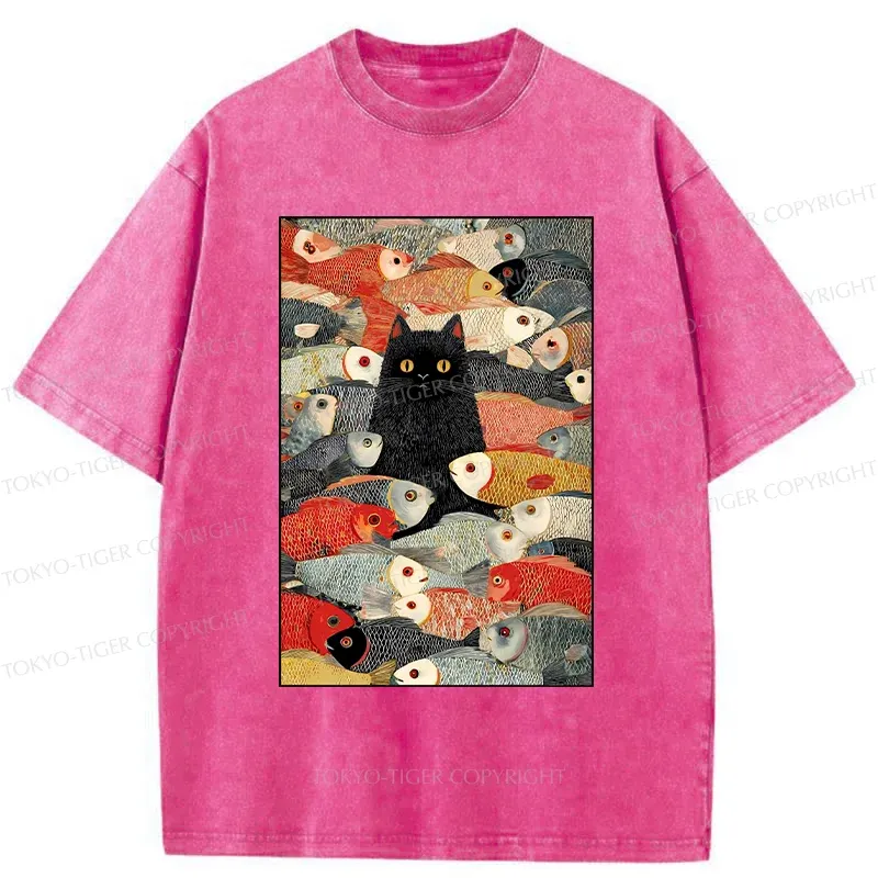 Tokyo-Tiger Cats And Fish Washed T-Shirt
