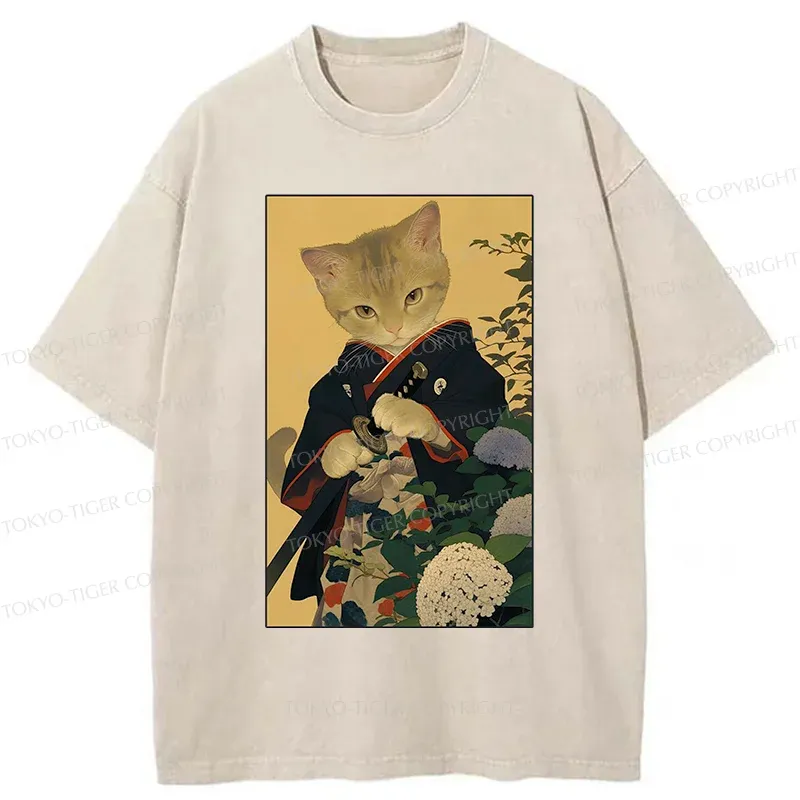 Tokyo-Tiger Kitten Japanese Samurai Washed T-Shirt Sale
