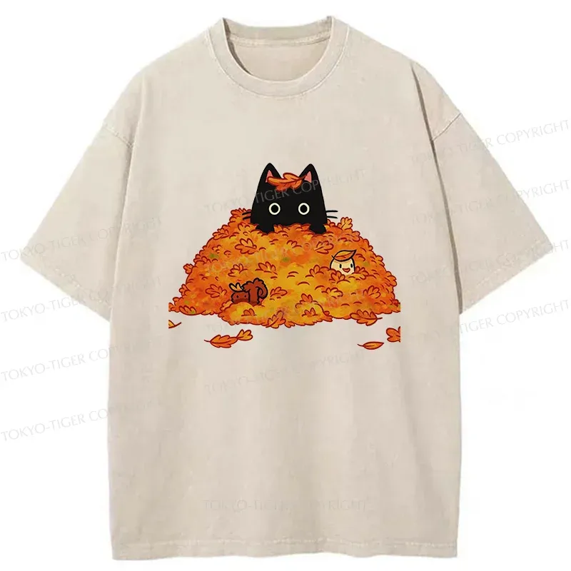 Tokyo-Tiger Black Cat In Autumn Leaves Washed T-Shirt
