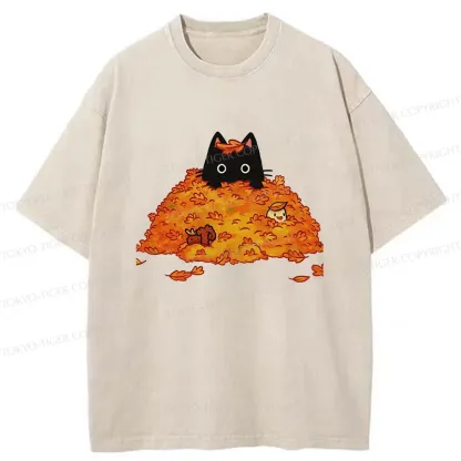 Tokyo-Tiger Black Cat In Autumn Leaves Washed T-Shirt