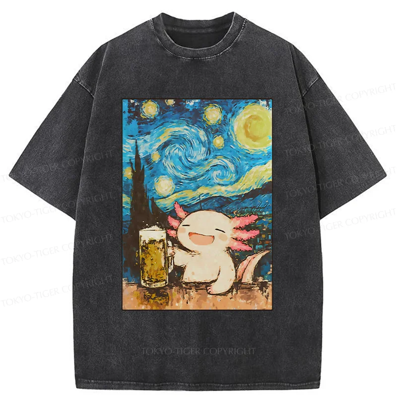 Tokyo-Tiger Axolotl Drinking Beer Washed T-Shirt