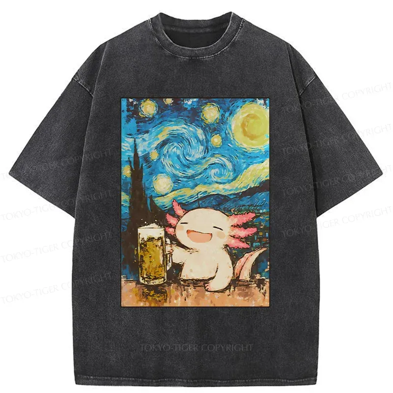 Tokyo-Tiger Axolotl Drinking Beer Washed T-Shirt Sale