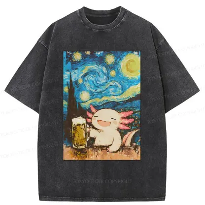 Tokyo-Tiger Axolotl Drinking Beer Washed T-Shirt