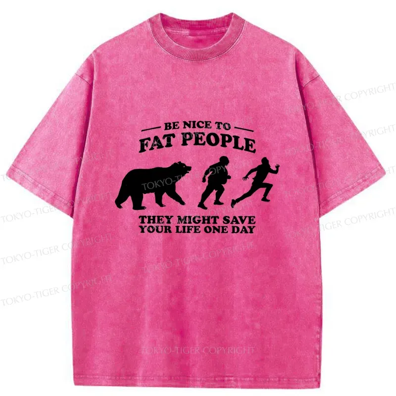 Tokyo-Tiger Fat Bear Chasing Fat Man Washed T-Shirt