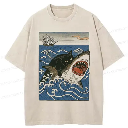 Tokyo-Tiger Cat Hunting Shark Washed T-Shirt
