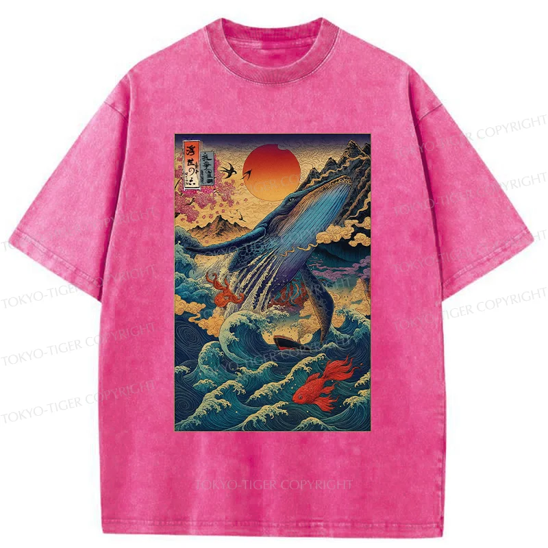 Tokyo-Tiger Ukiyoe Whale Japan Washed T-Shirt