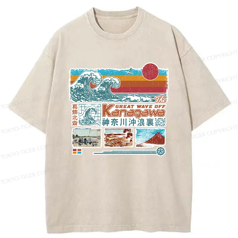 Tokyo-Tiger Retro Ukiyo-e Waves Washed T-Shirt