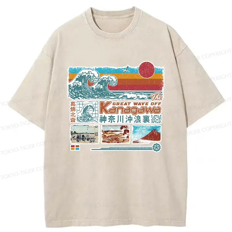 Tokyo-Tiger Retro Ukiyo-e Waves Washed T-Shirt
