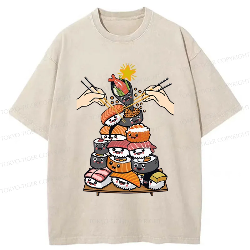 Tokyo-Tiger Sushi Christmas Tree Japan Washed T-Shirt