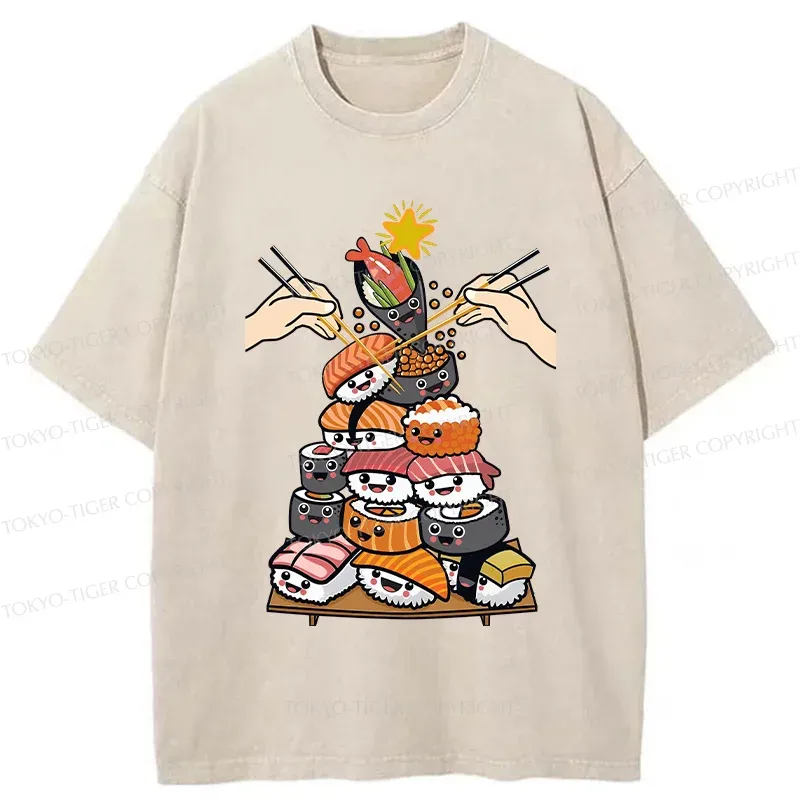 Tokyo-Tiger Sushi Christmas Tree Japan Washed T-Shirt Sale
