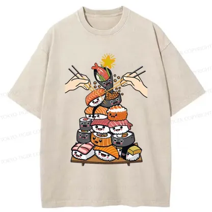 Tokyo-Tiger Sushi Christmas Tree Japan Washed T-Shirt