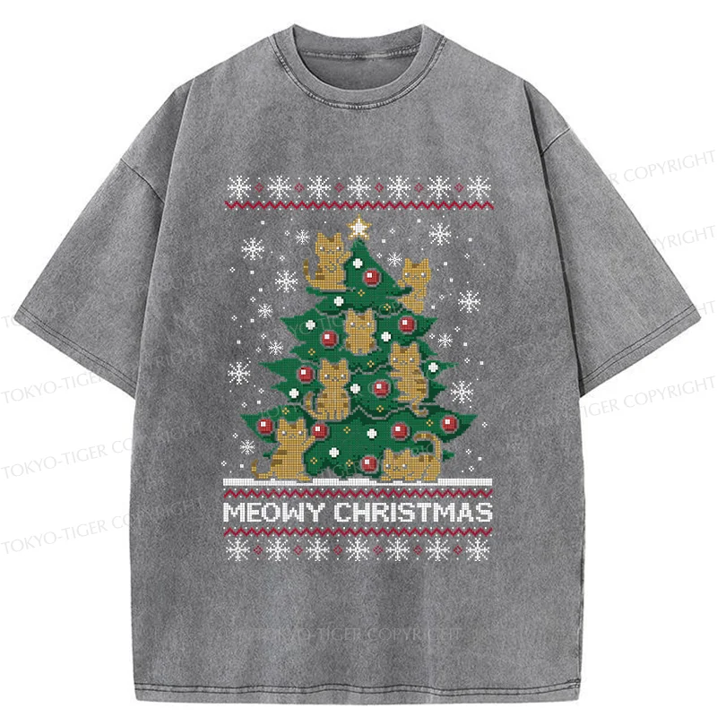 Tokyo-Tiger Cats Christmas Tree Washed T-Shirt