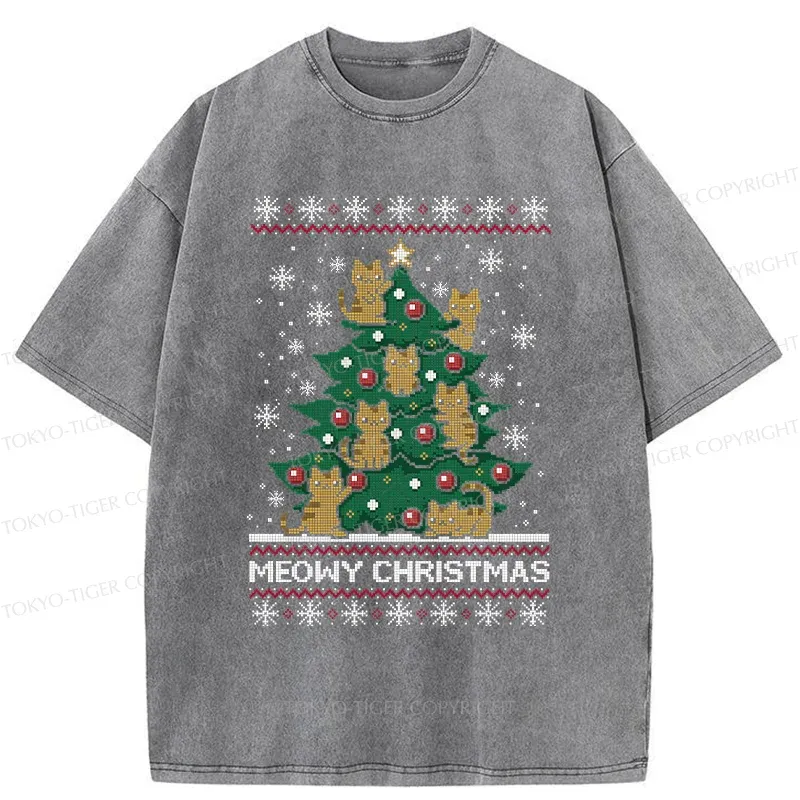 Tokyo-Tiger Cats Christmas Tree Washed T-Shirt